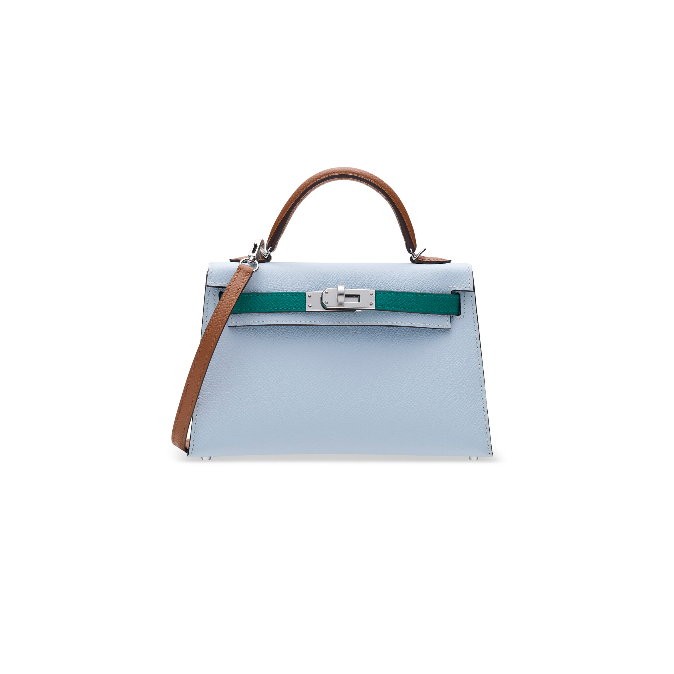 HERMÈS HAZE BLUE AND IMPERIAL GREEN AND SESAME EPSOM LEATHER TRICOLOR MINI KELLY 20 II WITH PALLADIUM HARDWARE (19*12*5.5cm) 